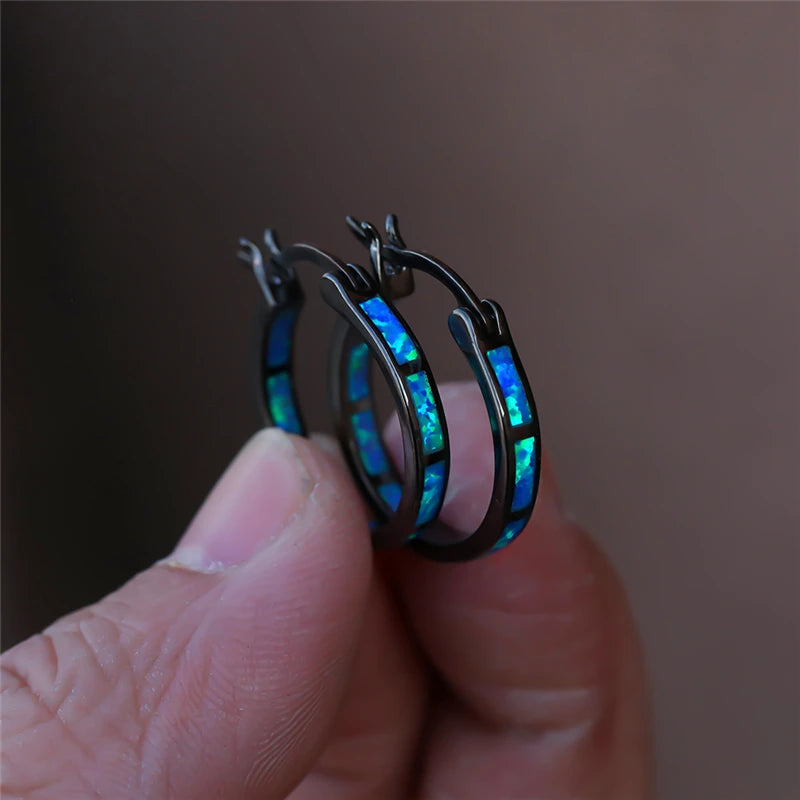 Blue & White Opal Hoop Earrings in Copper - Black or Yellow Gold Plating