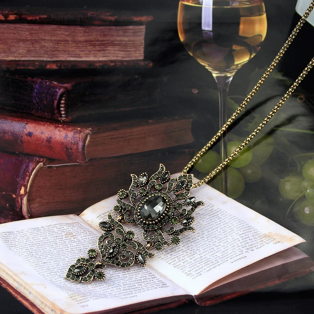 Vintage Inspired Turkish Statement Necklace – Large Natural Stone & Resin Crystal Pendant with Rhinestones