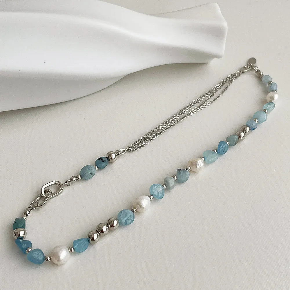 Natural Blue Crystal Freshwater Pearl Alloy Necklace