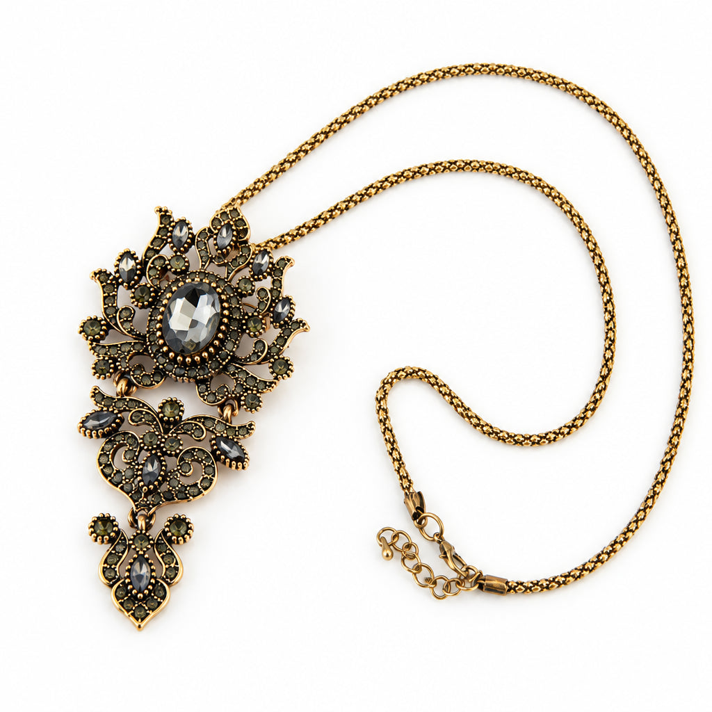 Vintage Inspired Turkish Statement Necklace – Large Natural Stone & Resin Crystal Pendant with Rhinestones
