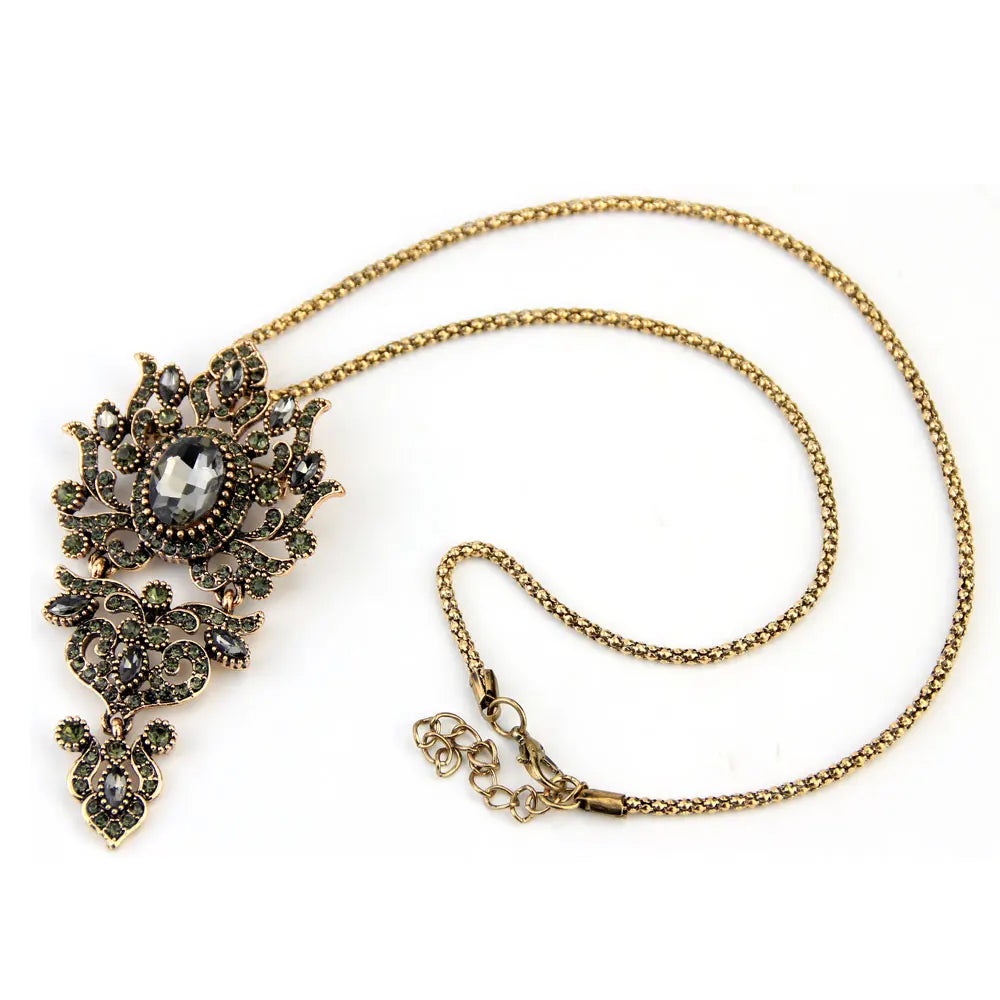 Vintage Inspired Turkish Statement Necklace – Large Natural Stone & Resin Crystal Pendant with Rhinestones