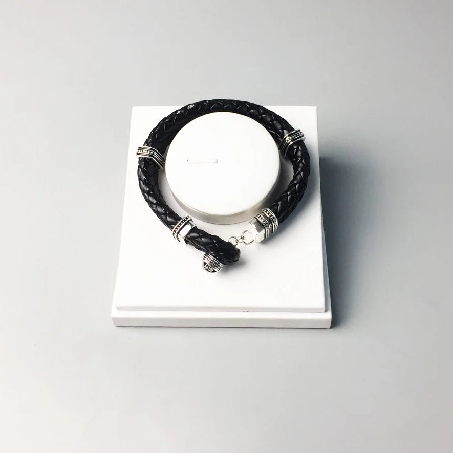 Unisex Rhodium Plated Stainless Steel Leather Rebel Punk Bracelet