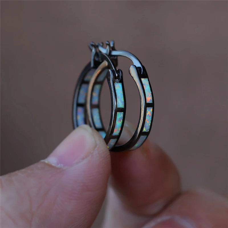 Blue & White Opal Hoop Earrings in Copper - Black or Yellow Gold Plating