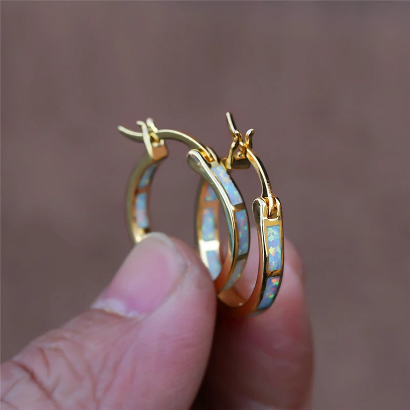Blue & White Opal Hoop Earrings in Copper - Black or Yellow Gold Plating