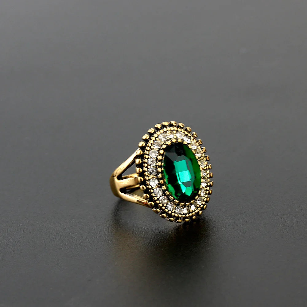Vintage Inspired Turkish Style Crystal Ring – Antique Gold-Tone Oval Statement Ring