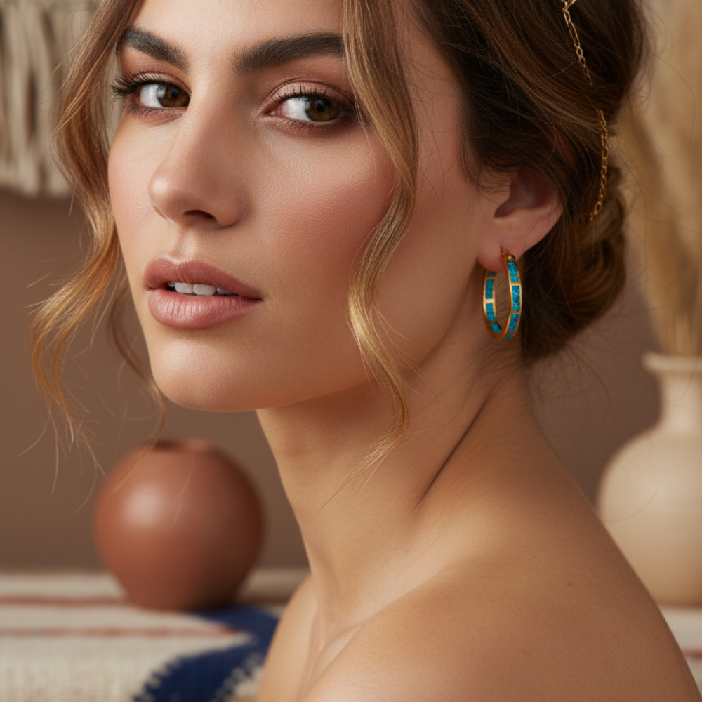 Blue & White Opal Hoop Earrings in Copper - Black or Yellow Gold Plating