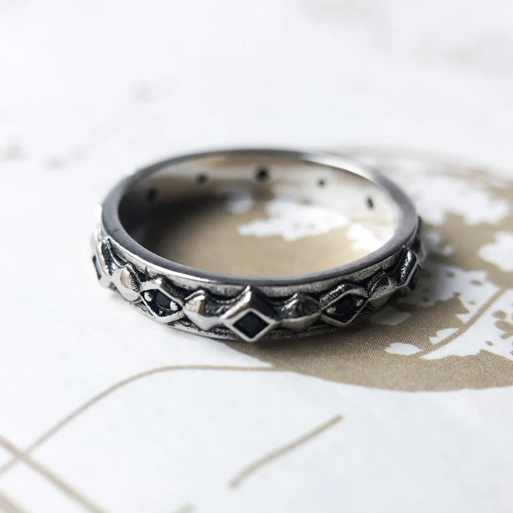 Black Zircon Geometric Band Ring in 925 Sterling Silver & Yellow Gold Plating