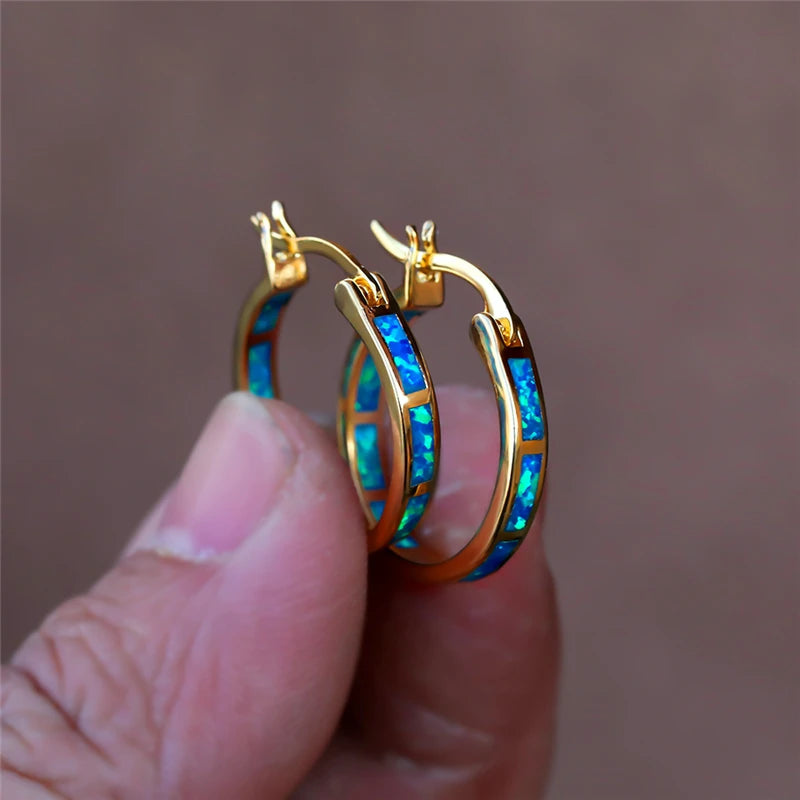 Blue & White Opal Hoop Earrings in Copper - Black or Yellow Gold Plating