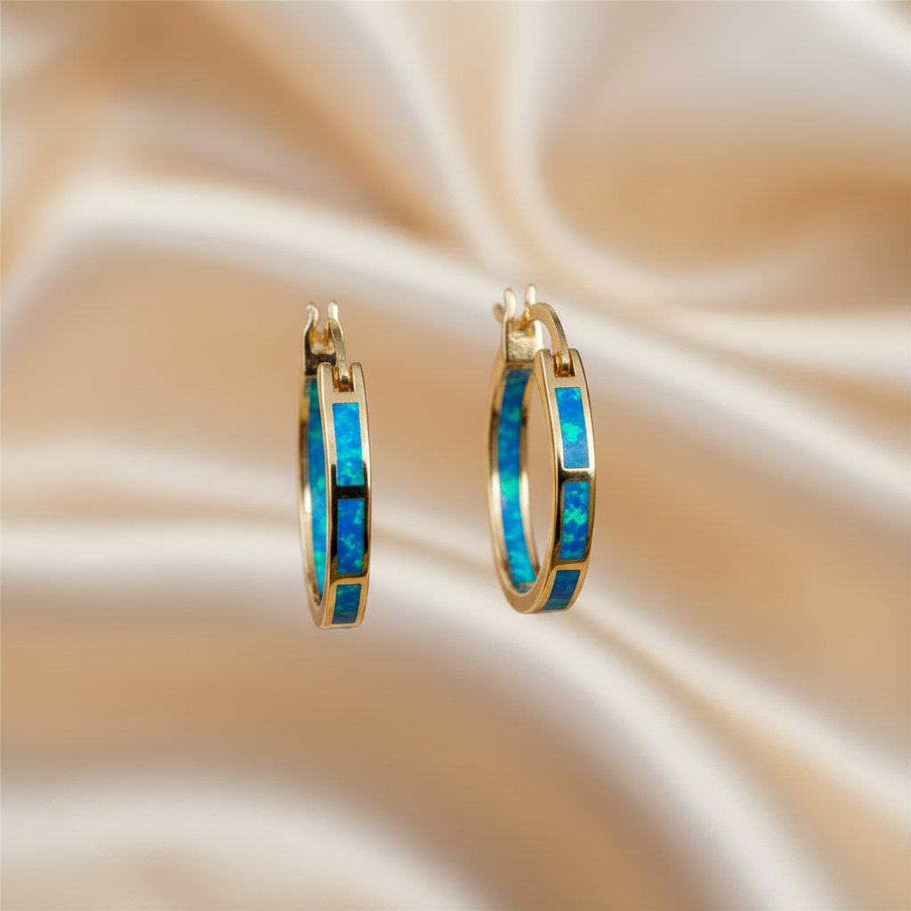 Blue & White Opal Hoop Earrings in Copper - Black or Yellow Gold Plating