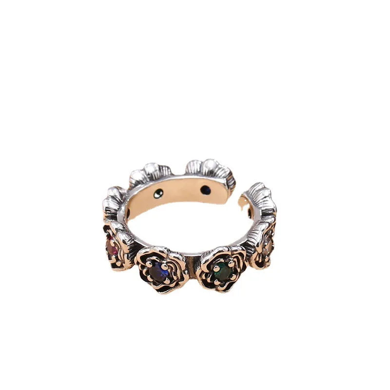 Vintage Inspired Sterling Silver Multicolor CZ Roses Adjustable Ring