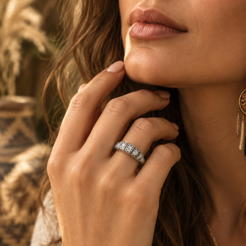 Vintage-Inspired 925 Sterling Silver Geometric CZ Band Ring