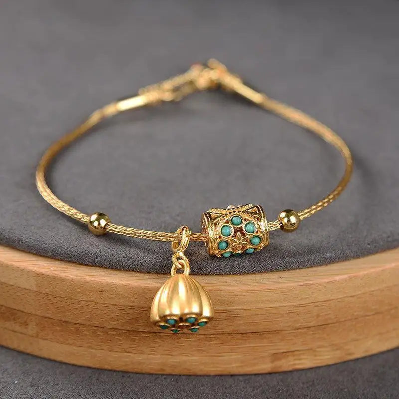 Tourmaline Turquoise Lotus Bracelet in Sterling Plated Copper