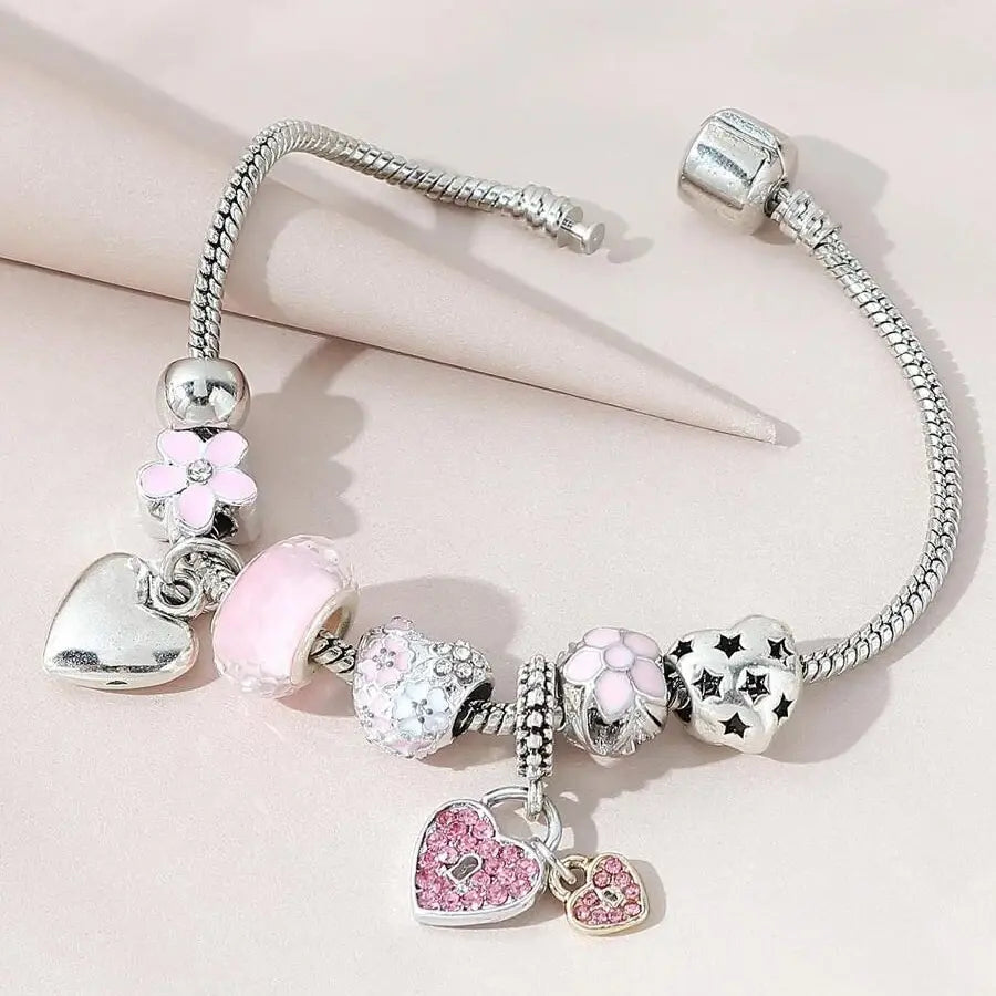 Love Heart Flower Crystal Pendant Charm Copper Bracelet