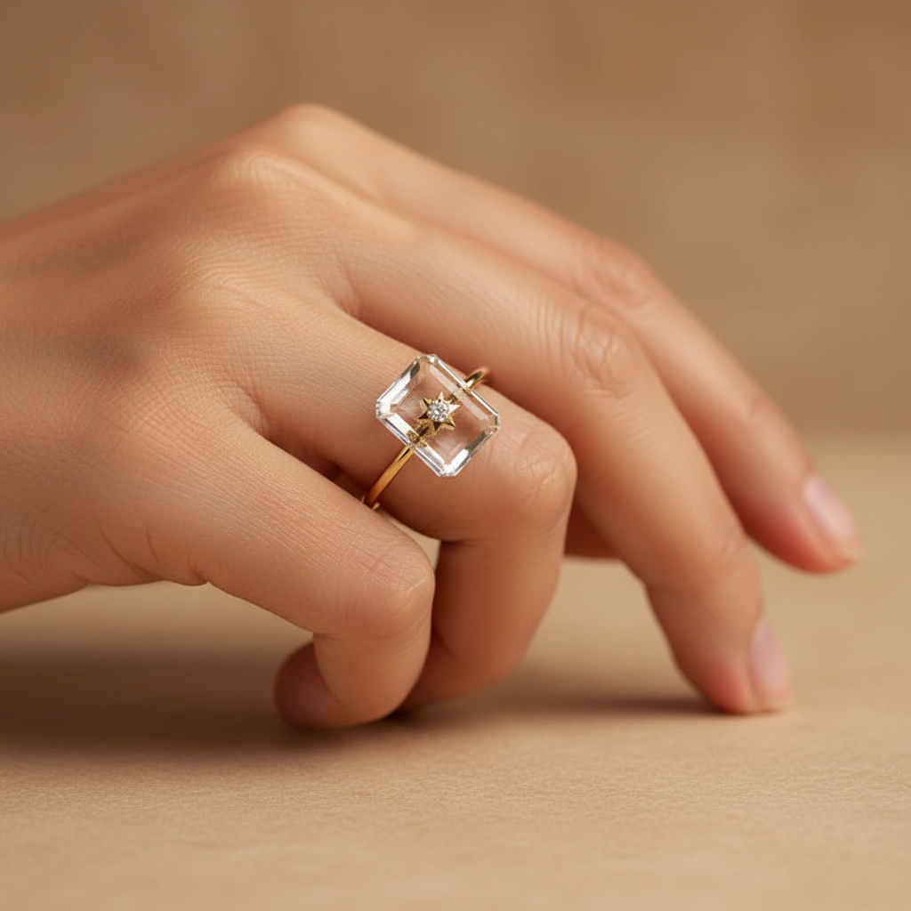 Chalcedony Crystal Rectangular Adjustable Ring in Gold Plated Copper