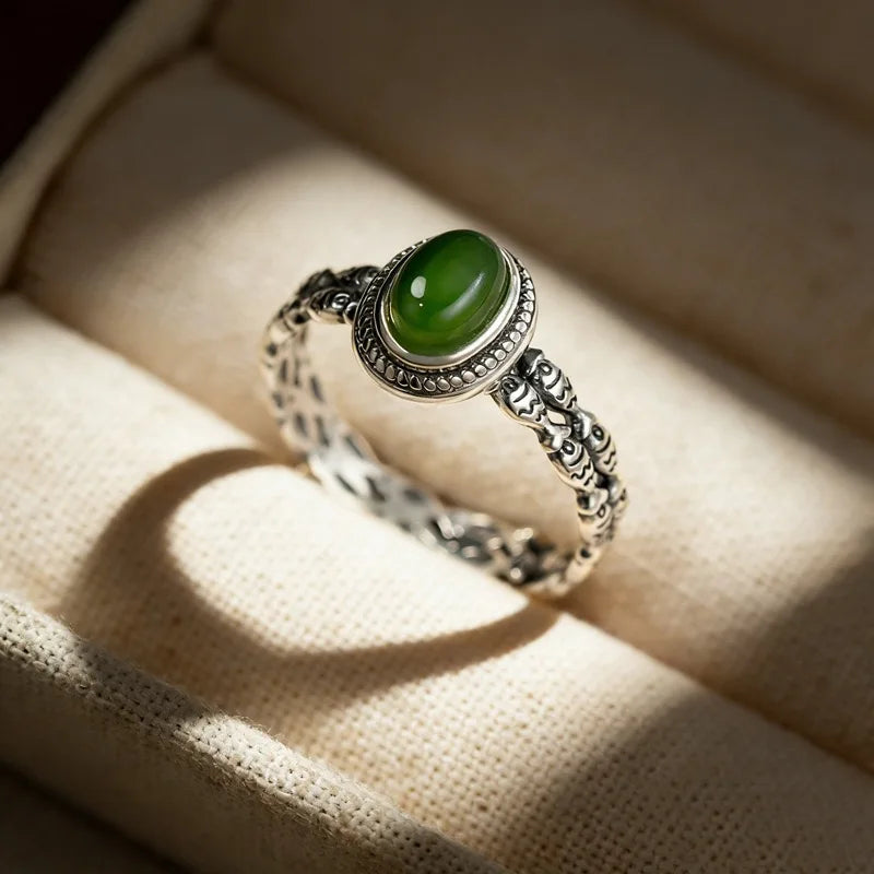 925 Sterling Silver Green Gemstone Adjustable Ring