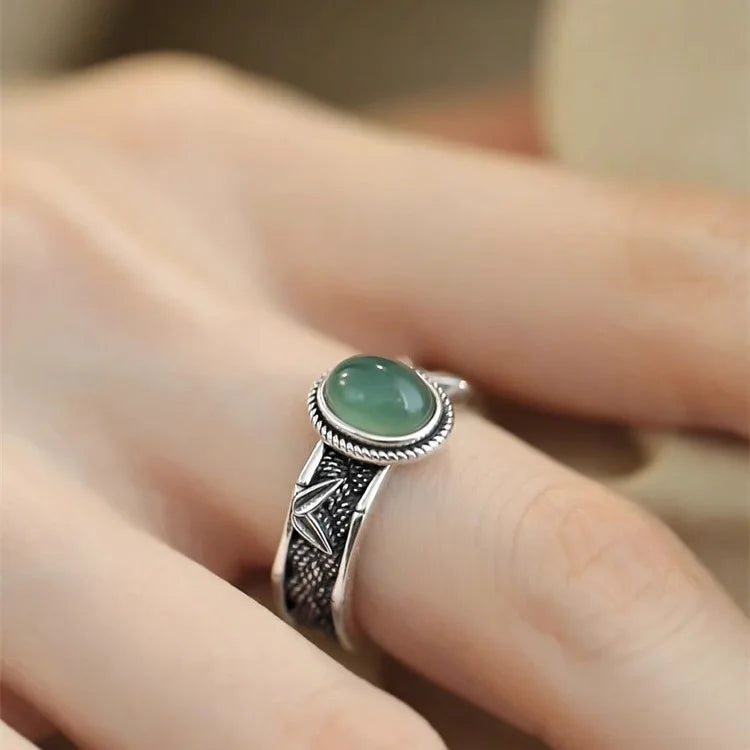 925 Sterling Silver Adjustable Green Cabochon Stone Ring