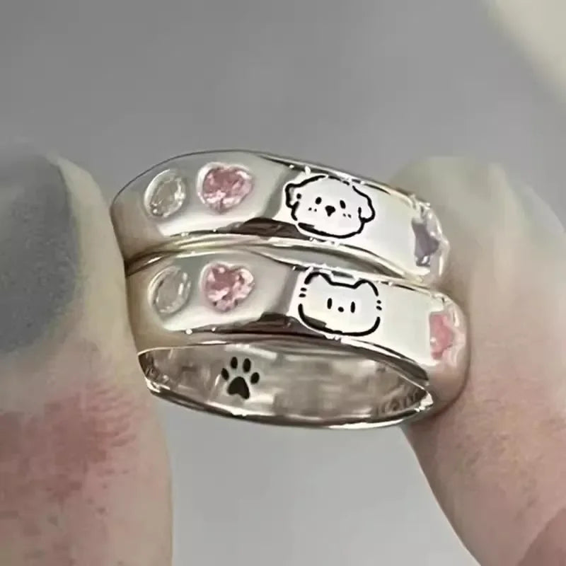 Cat & Dog Ring with Pink CZ Heart & Star - Buy a Set or Choose One, Made of Zink Alloy, Adjustable Size