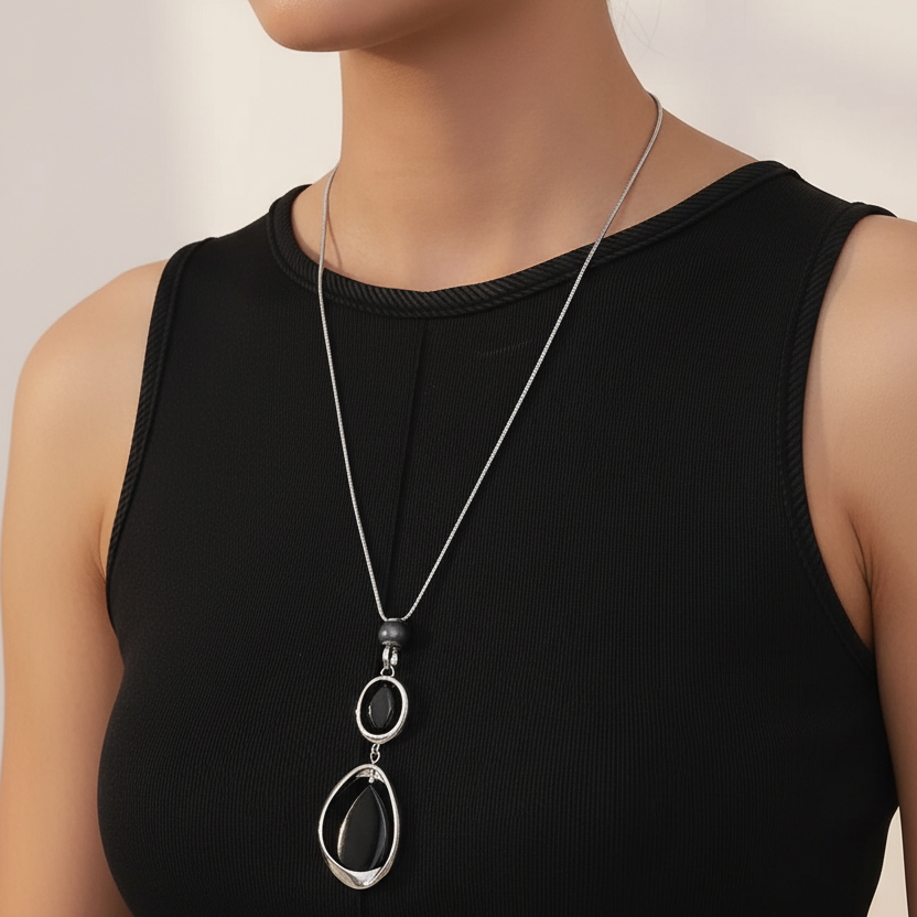 Long Black Onyx Pendant Necklace with Snake Chain