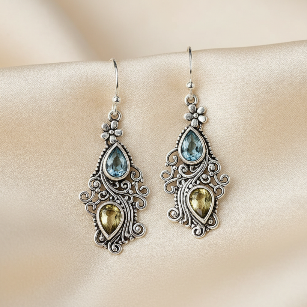 Vintage-Inspired Blue & Brown Topaz Floral Drop Dangle Earrings