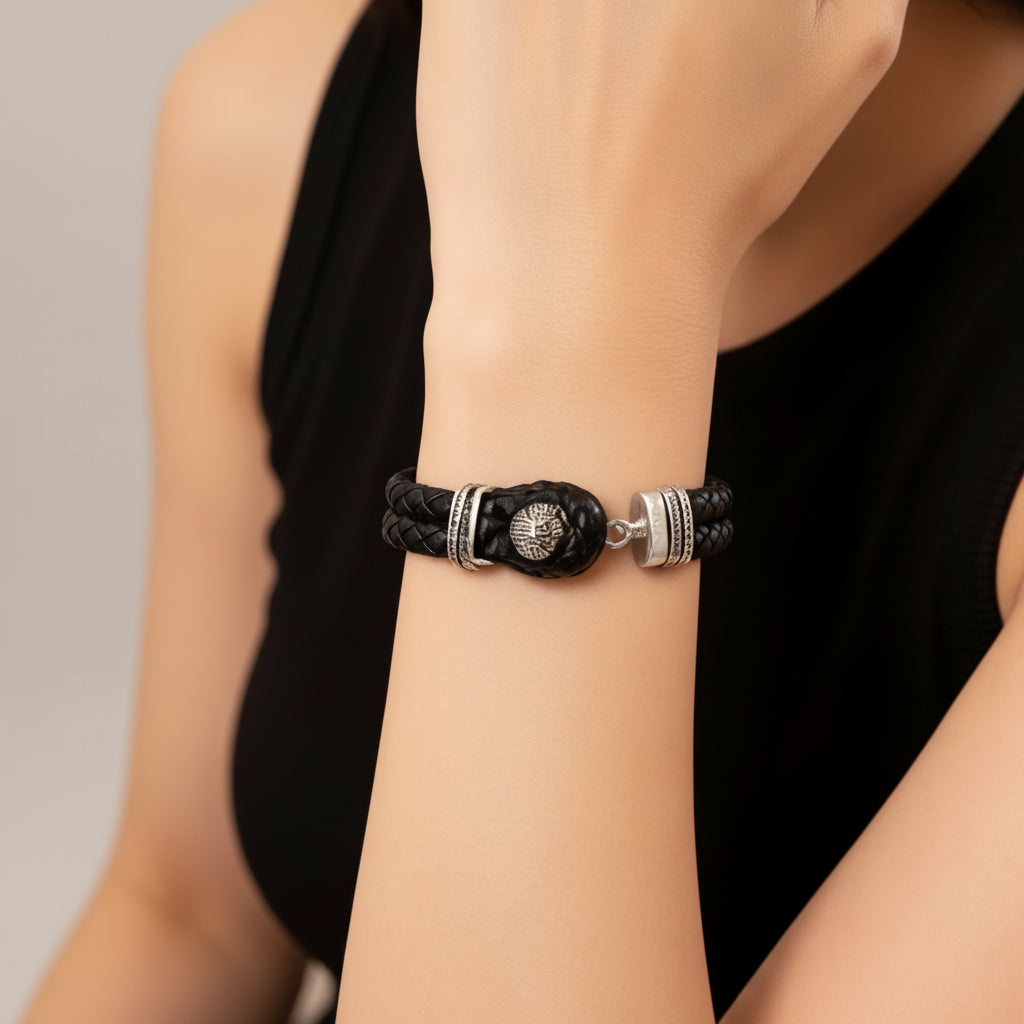 Unisex Rhodium Plated Stainless Steel Leather Rebel Punk Bracelet