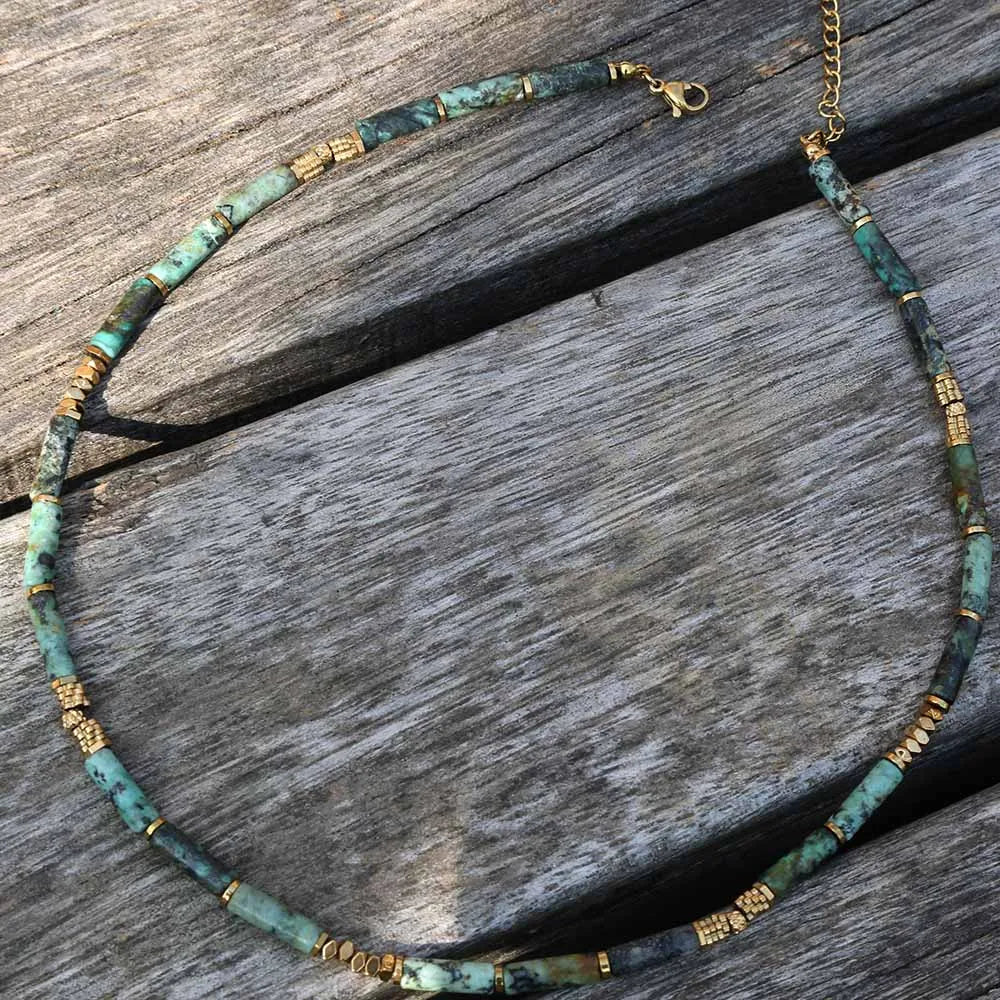African Turquoise, Tiger Eye & Malachite Gemstone Necklace