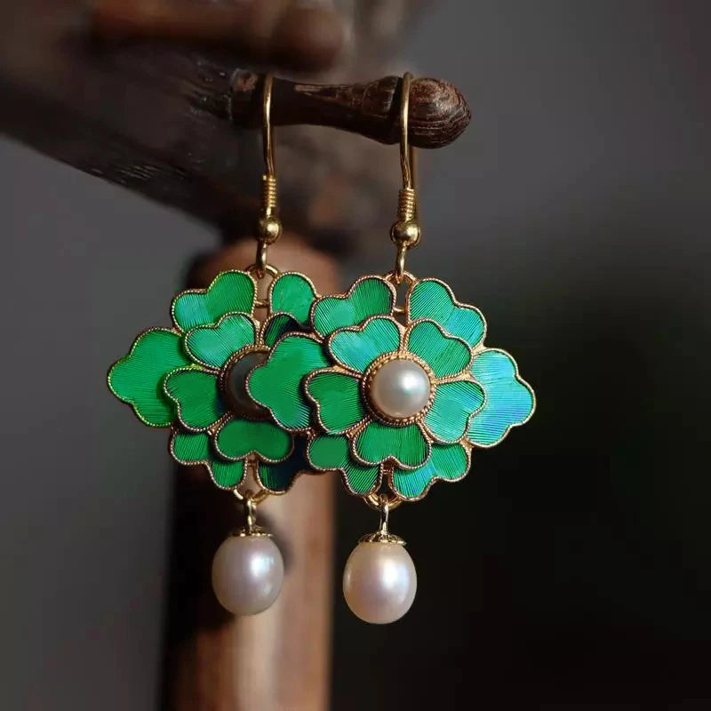 Vintage Gold-Plated Green Cloisonné Floral Drop Earrings with Faux Pearls