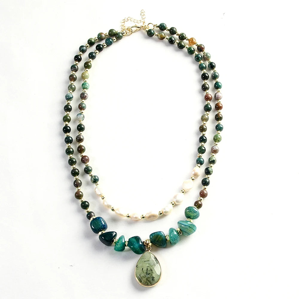 Boho Tiger Eye, Indian Agate & Pearl Layered Necklace