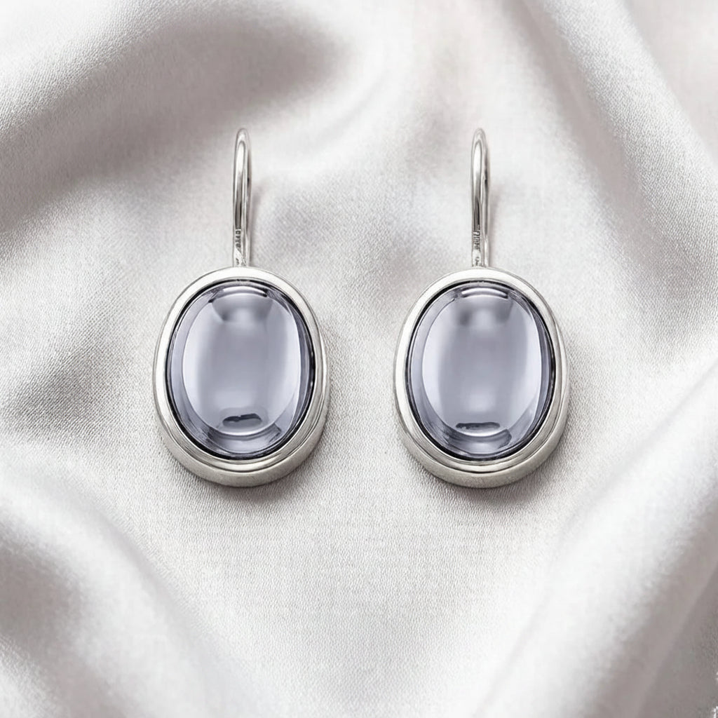 Petite Oval Drop Earrings in 925 Sterling Silver with Colorful Stone