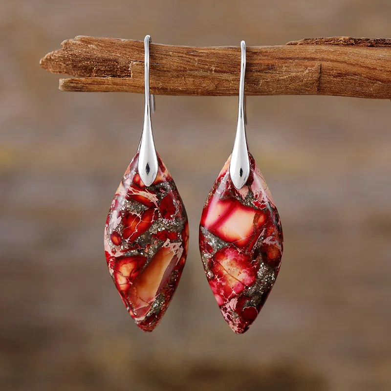 Bohemia Gold Plated Multicolored Natural Stone Leaf Drop Earrings