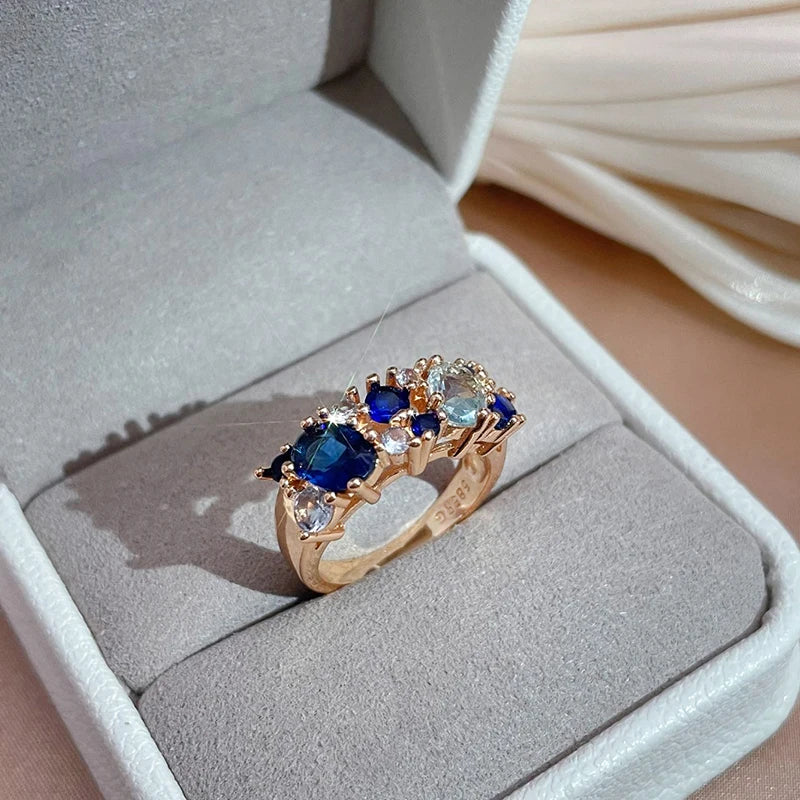 14K Rose Gold Plated Copper Earrings & Ring Set with Blue Zircons