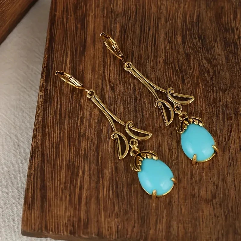 Vintage-Inspired Gold-Plated Alloy Drop Earrings with Resin Stones