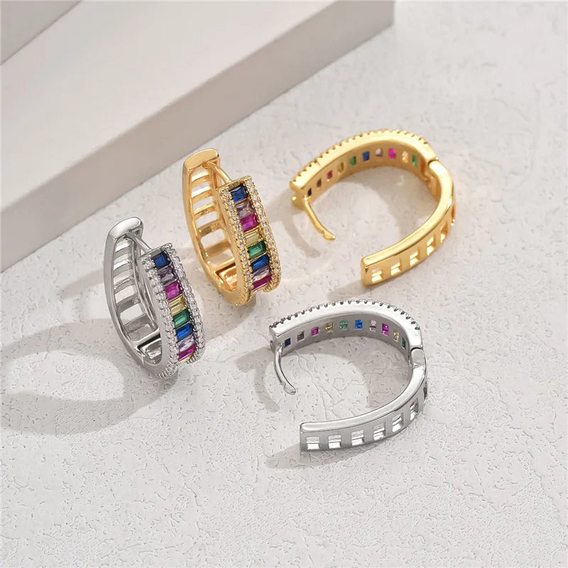 Geometric Hoop Earrings in Zinc Alloy with Colorful Zircons