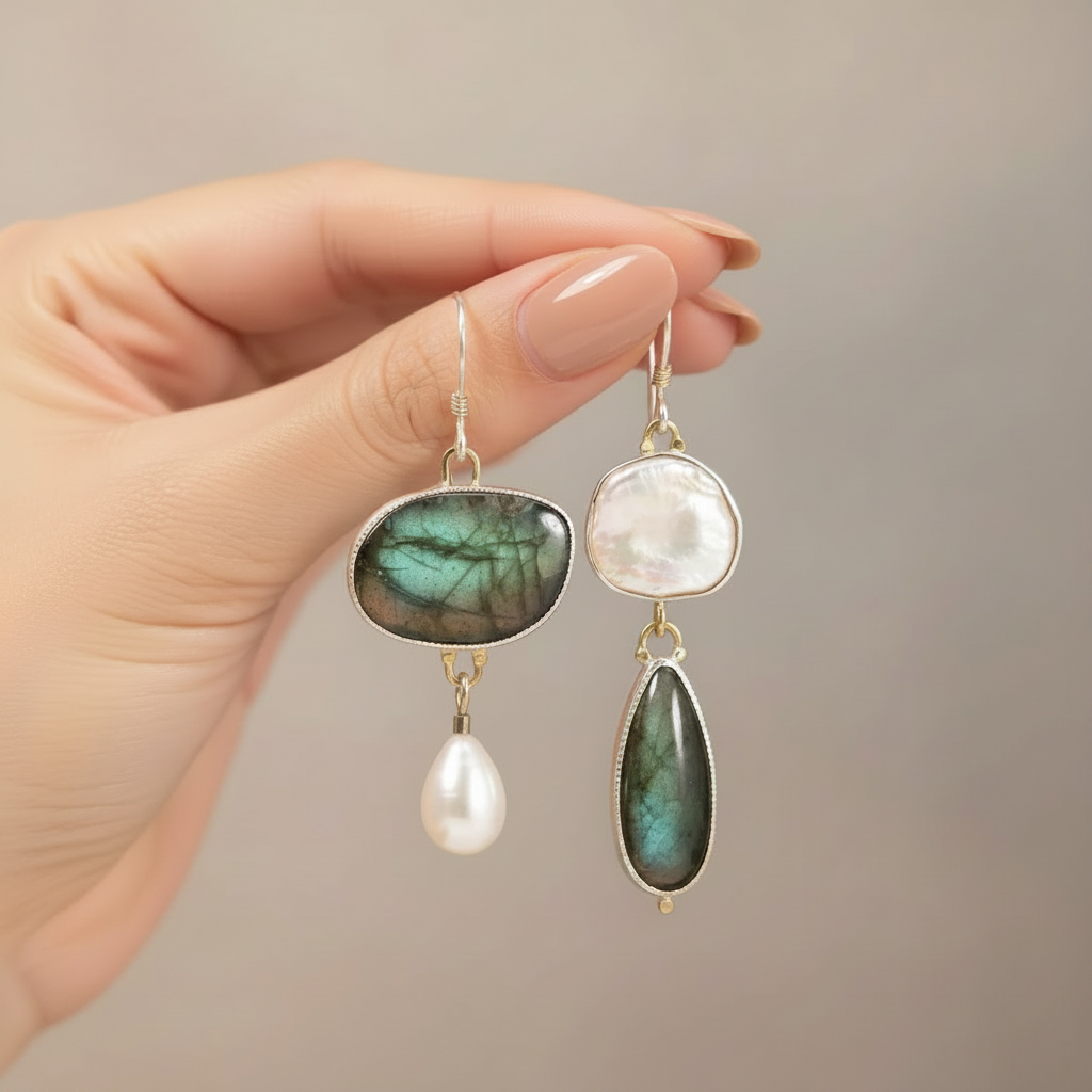 Asymmetric Earrings with Labradorite & Green Gemstone in Zinc Alloy