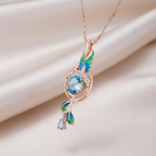 14K Rose Gold Plated Copper Peacock Pendant Necklace with Blue Natural Zircon