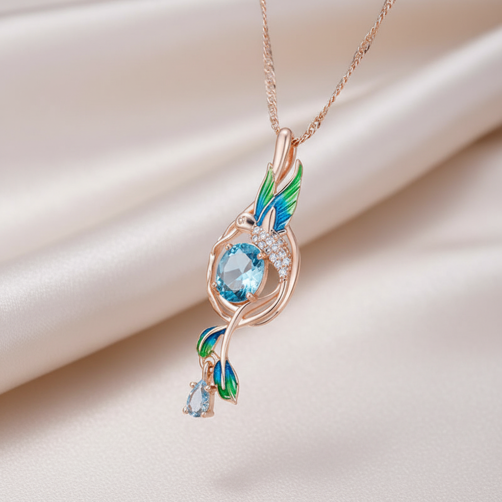 14K Rose Gold Plated Copper Peacock Pendant Necklace with Blue Natural Zircon