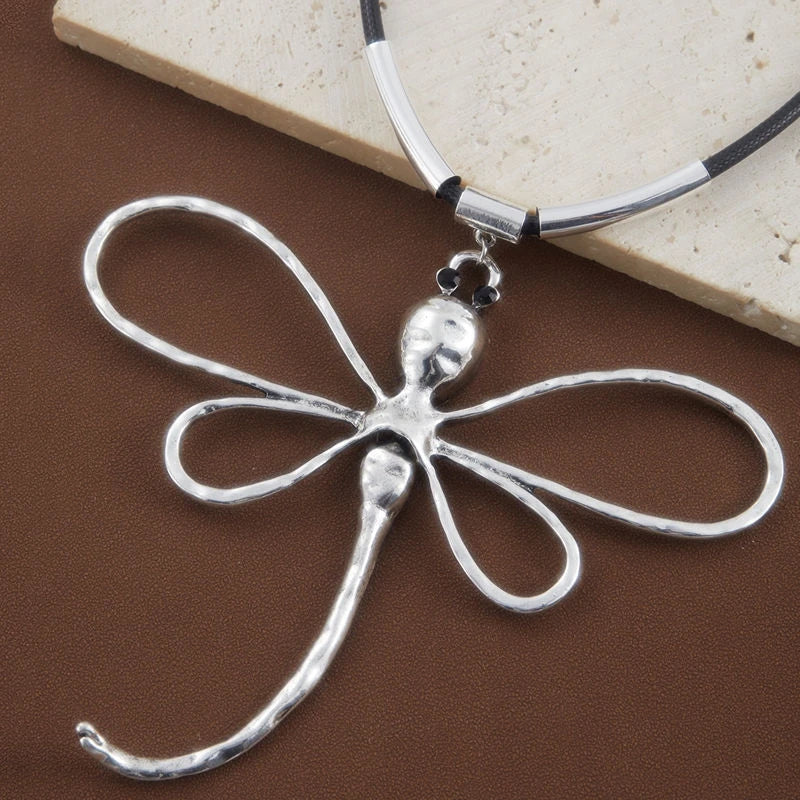 Black Cord Choker Necklace with Large Dragonfly Alloy Pendant
