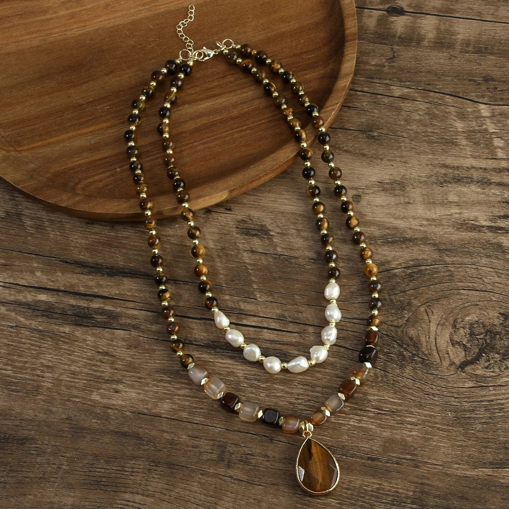 Boho Tiger Eye, Indian Agate & Pearl Layered Necklace
