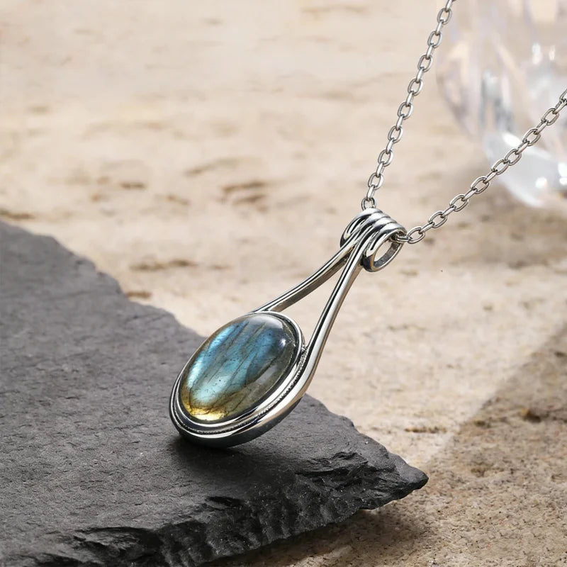 Platinum Plated Sterling Silver Pendant with Natural Labradorite
