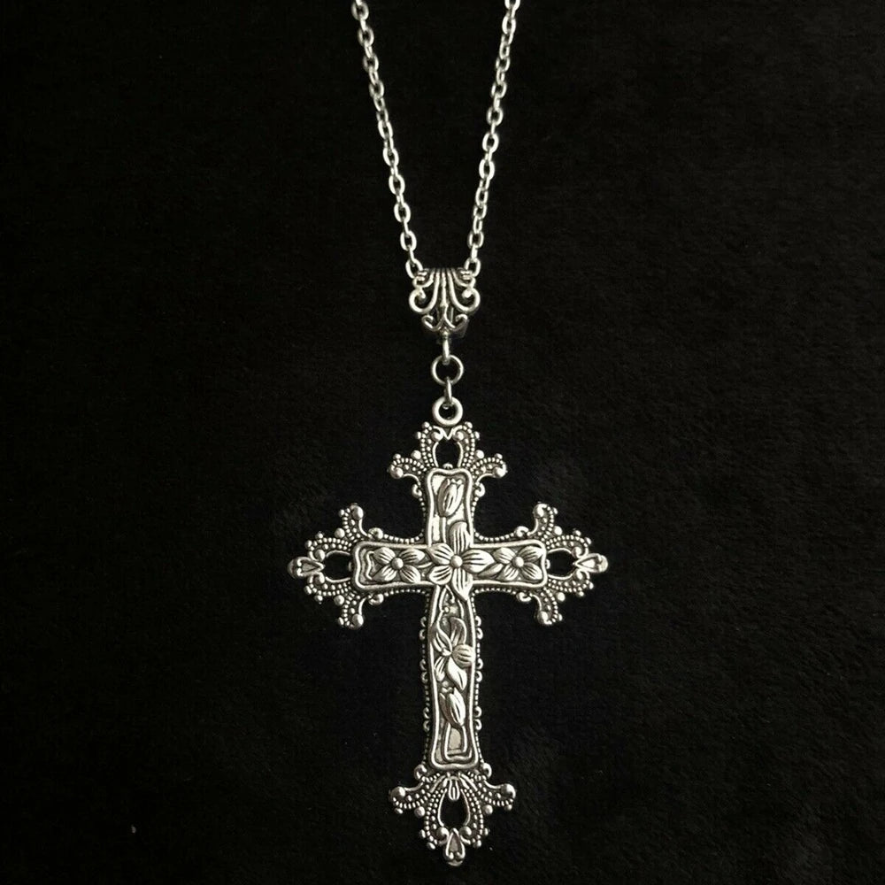 Large Gothic Victorian Flower Detailed Cross Zinc Alloy Necklace