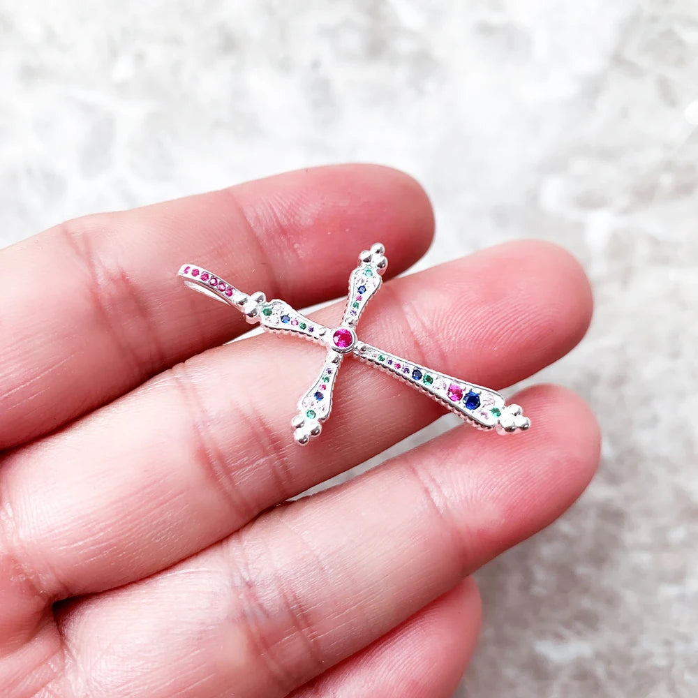 Royalty Cross Pendant in 925 Sterling Silver with Colorful Zircon Stones