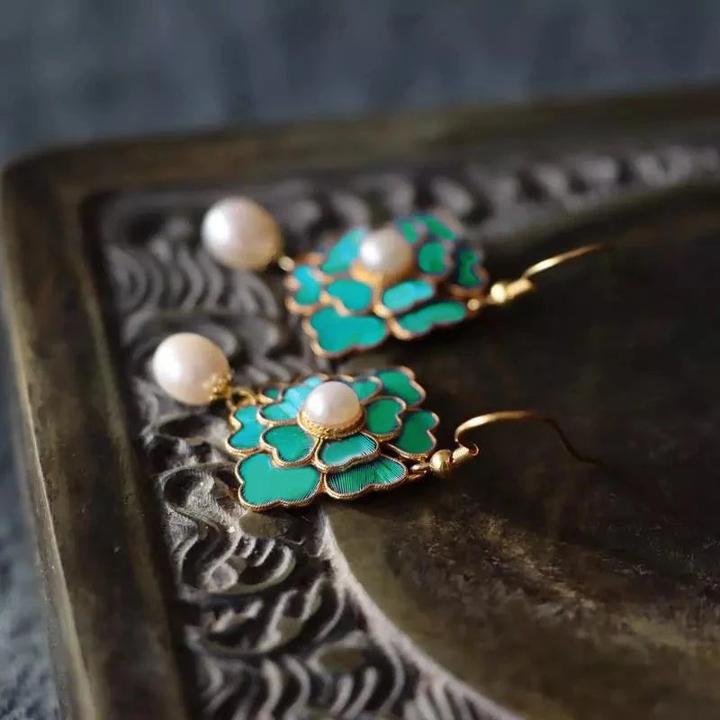 Vintage Gold-Plated Green Cloisonné Floral Drop Earrings with Faux Pearls