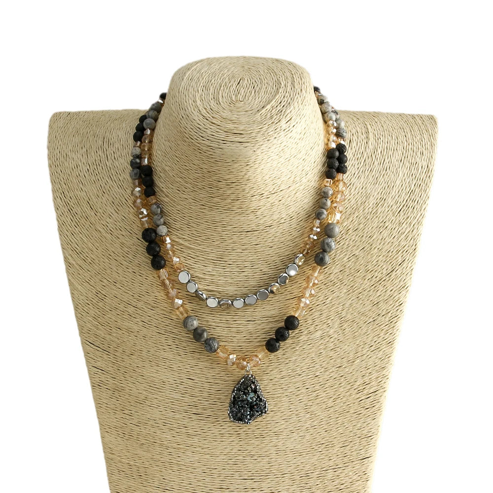 Boho Natural Stone Beads Necklace with Zircon Pendant