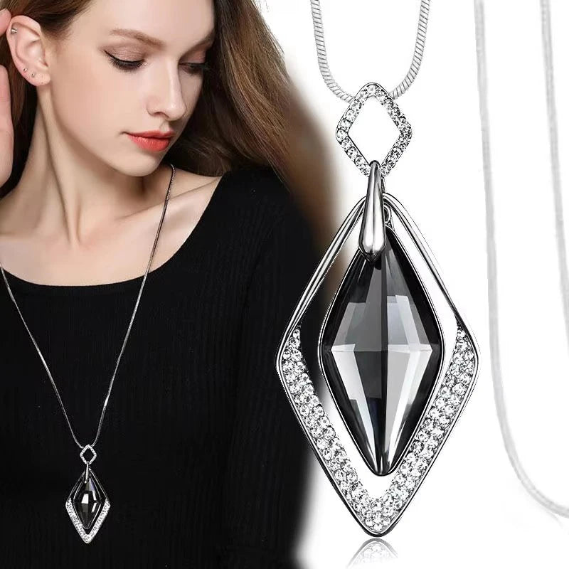 Bold Long Statement Necklace with Oversized Crystal Pendant - Choose Yours