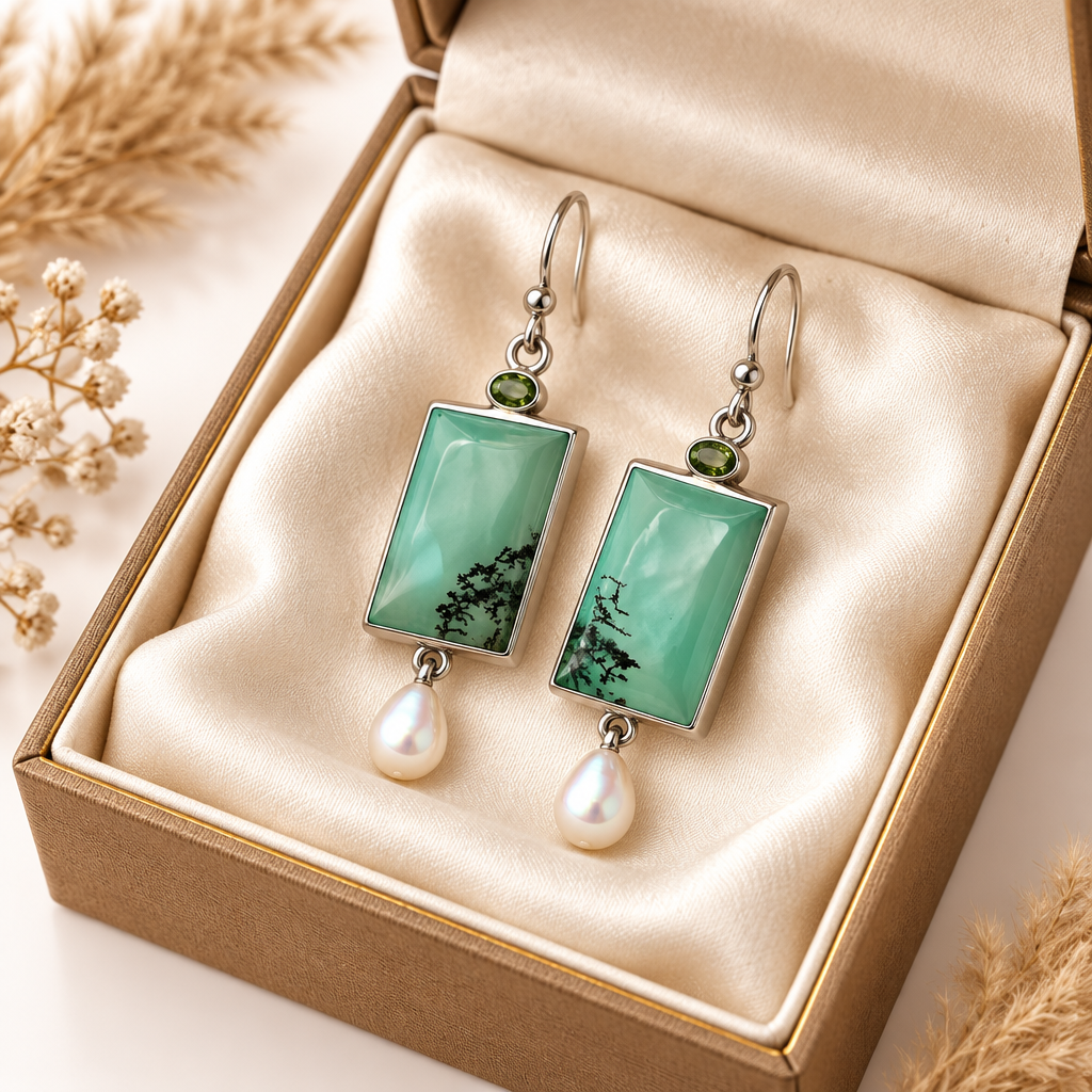 Vintage-Inspired Green Opal Earrings – Natural Pearl & CZ Accents