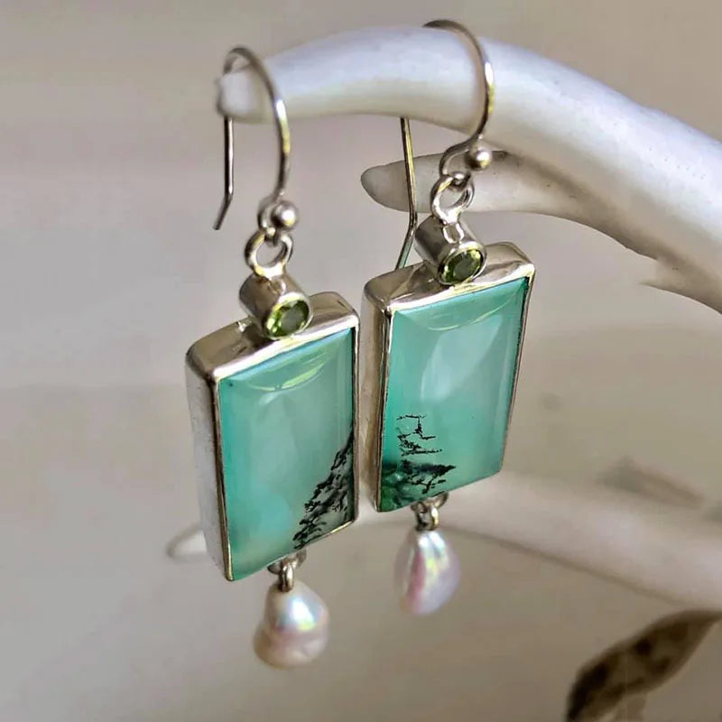 Vintage-Inspired Green Opal Earrings – Natural Pearl & CZ Accents