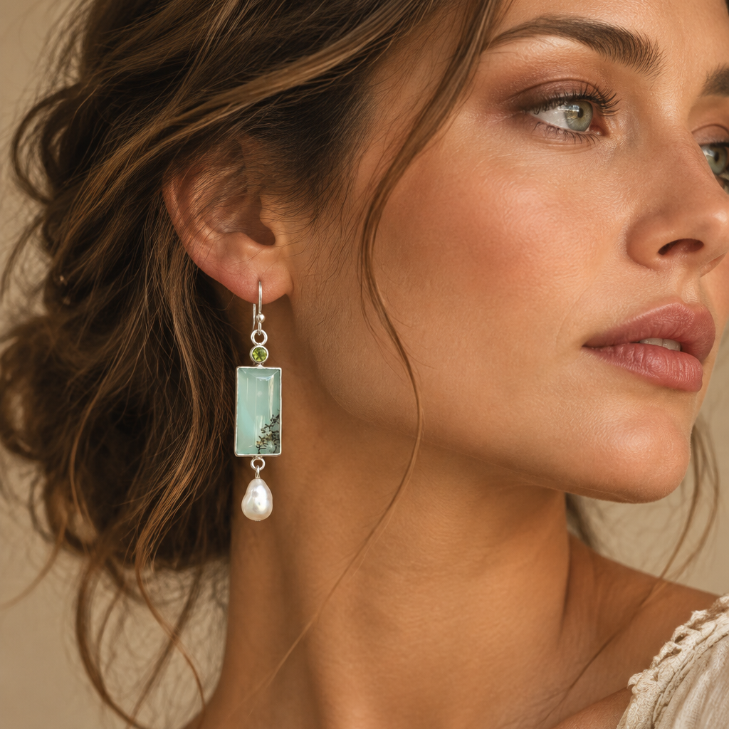 Vintage-Inspired Green Opal Earrings – Natural Pearl & CZ Accents