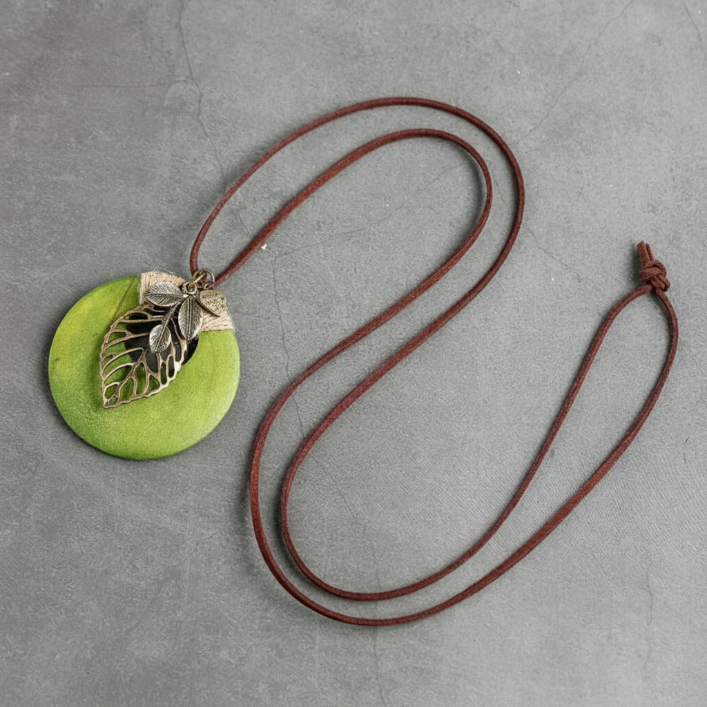 Leather Cord Necklace with Round Wood Leaf Pendant