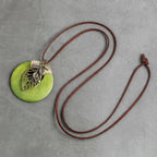 Leather Cord Necklace with Round Wood Leaf Pendant