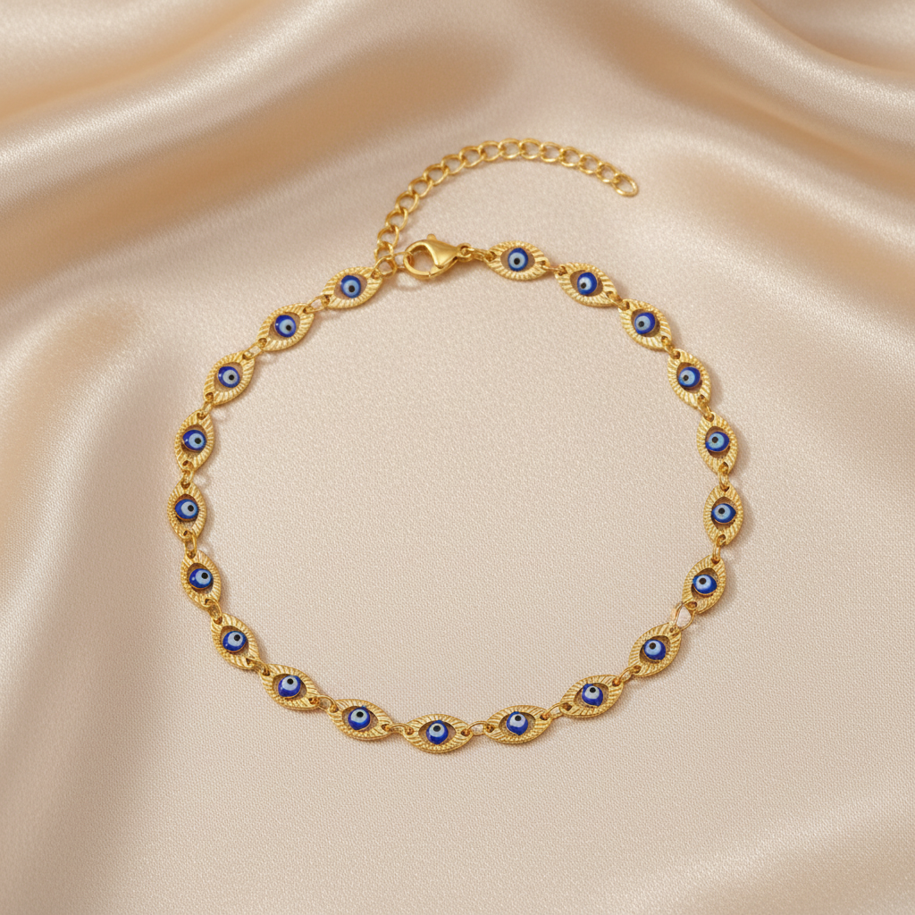 Gold-Plated Stainless-Steel Lucky Blue Evil Eye Anklet - Various Styles!!