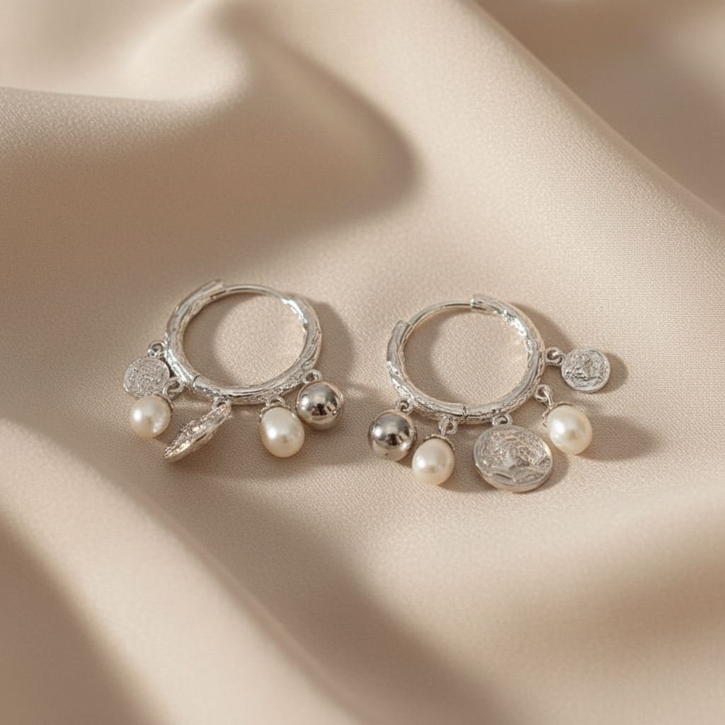 Faux Pearl Bead Hoop Earrings in 925 Sterling Silver